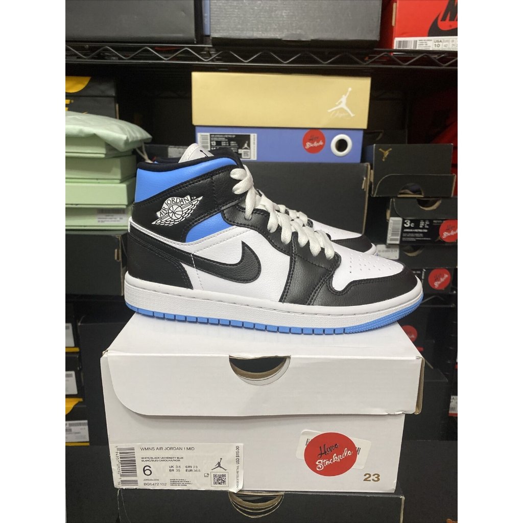 Wmns Nike Air Jordan 1 Mid University Blue Black White Shoes Bq6472-102